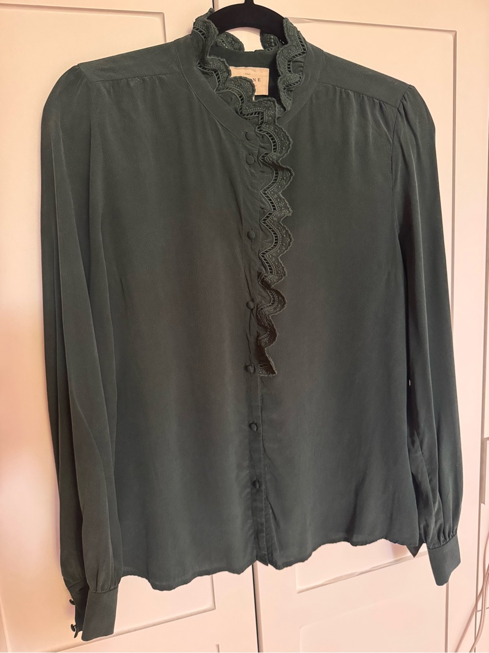 Sezane Chlo Bottle Green Silk Ruffle-Trim Button Front Top